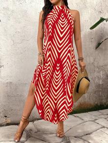 SHEIN LUNE Vestido holgado casual de tirantes con rayas para vacaciones de mujer - Rojo - Ver 3