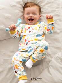 Cozy Pixies Bộ đồ ngủ ôm sát cho bé trai, áo len dài tay cổ tròn họa tiết gấu hoạt hình mềm mại và quần dài cạp chun, bộ đồ hai mảnh bó sát, lót nhiệt chống nắng nhiều màu, thích hợp cho mùa đông - Màu xanh lam - Xem 2