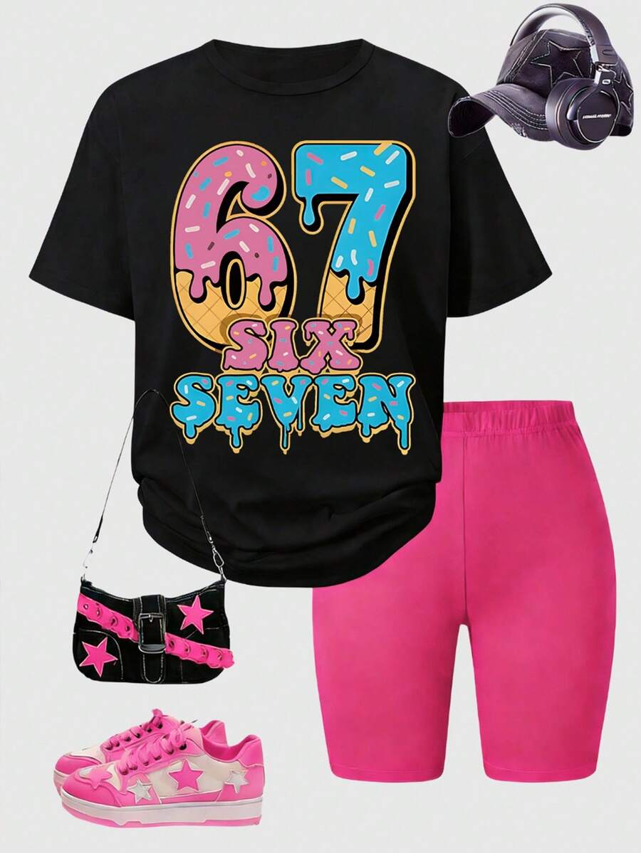 SHEIN ChillGRL Bộ 2 món thời trang đường phố dành cho nữ tuổi teen, gồm áo thun ngắn tay in họa tiết và quần short ôm sát in họa tiết, trang phục thường ngày. - Nhiều màu - Xem 1