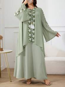 Al Najma Plus Size Women Floral Embroidery Drawstring Neck Casual Loose Party Flare Sleeve Arabic Style Dress