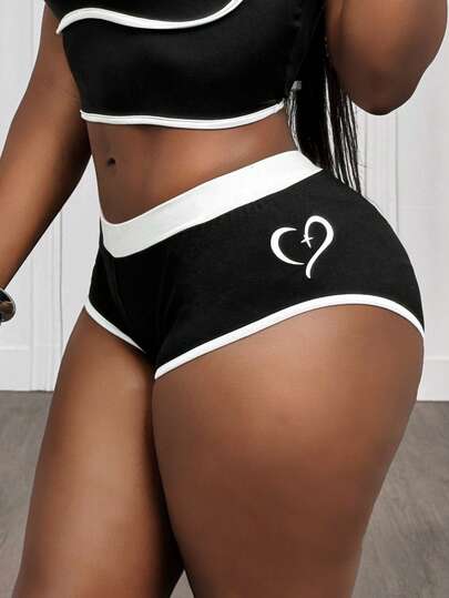 BamGleam Summer New Casual Sports Printed Design Black & White Contrast Trim Fitted Running Shorts For Women