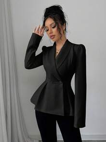 Modelyn 女士杏色收腰翻领双排扣长袖西装外套 - 黑色 - 查看 4
