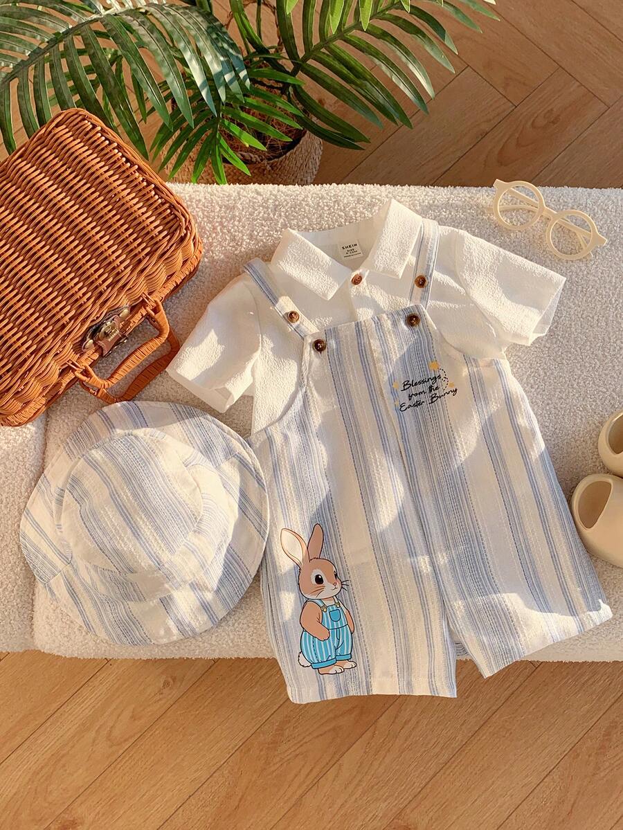 SHEIN Bộ 2 món cho bé sơ sinh, áo liền quần kẻ sọc họa tiết thỏ, kèm mũ, thích hợp cho kỳ nghỉ hè. - Nhiều màu - Xem 1