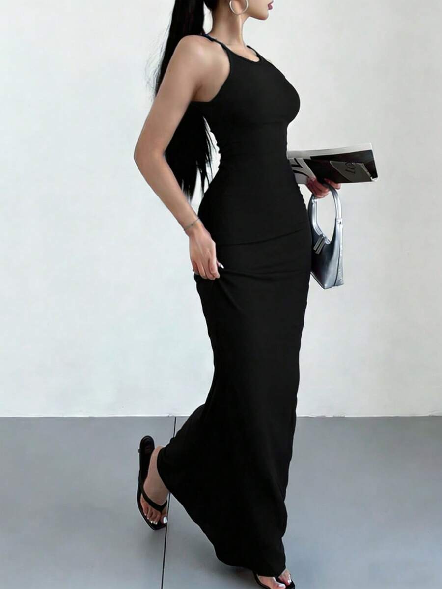 女士纯色鱼尾吊带连衣裙长款女装 - 黑色 - 查看 1