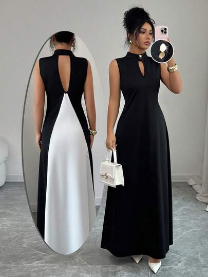 SHEIN Elenzya Elegante, rugloze ochtendjas met V-hals en contrasterende kleuren, luxe feest-/formele kleding, abaya-stijl uit het Midden-Oosten, verfijnd ontwerp.