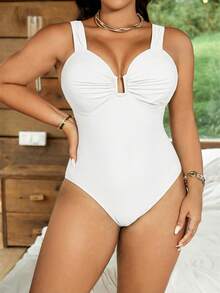 Swim Basics 大码女士纯色高开衩性感连体泳衣，适合海滩度假 - 白色 - 查看 1