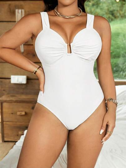 Swim Basics Traje de baño de una pieza sexy con abertura alta y unicolor para mujeres de talla grande, adecuado para vacaciones en la playa