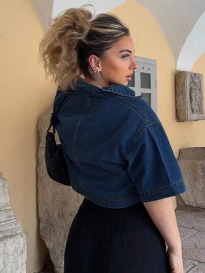 Jeta Ari Chaqueta de manga corta de mezclilla con doble bolsillo para mujer, casual, de verano