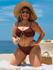 Swim Lushoire Plus Size Textured Colorblock Steel Hoop Swimwear Set, Vacation - Coffee Brown - View 6