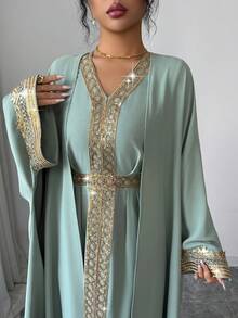 Elenzga Women's Casual Green Lace Patchwork Sleeveless Dress With Loose Outer Robe, 2-Piece Set, Early Spring - Mint Green - View 3