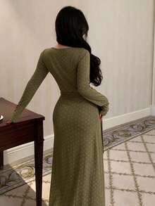 DAZY 波点印花收腰长款女士睡裙，女士家居服连衣裙 - 橄欖綠 - 查看 2