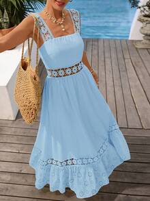 Vivid Eden Solid Color Patchwork Ruffle Textured Fabric A-Line Cami Dress For Women, Vacation & Casual Wear ,Summer Dress - Blue - View 6