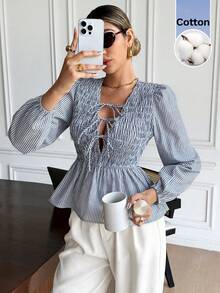 Serisse Women Casual Cotton Striped Knot Front Long Sleeve Casual Light Blue Blouse, Teacher Back To School,Fall Tops Winter Casual, Autumn/Winter, Thanksgiving, Casual Blouses For Women, School Shirt, Elegant Women's Blouses,Suitable For Everyday Outings And Commuting - Blue and White - View 1