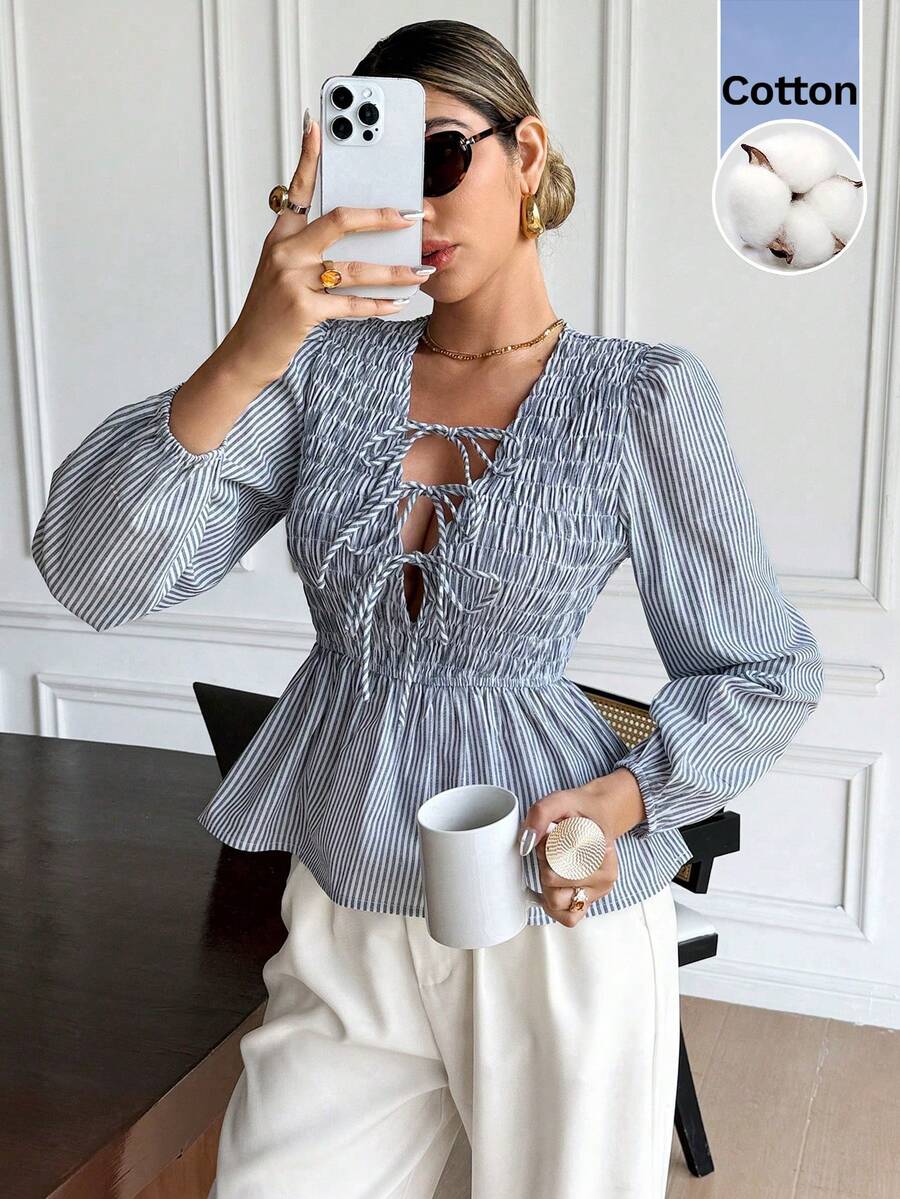 Serisse Women Casual Cotton Striped Knot Front Long Sleeve Casual Light Blue Blouse, Teacher Back To School,Fall Tops Winter Casual, Autumn/Winter, Thanksgiving, Casual Blouses For Women, School Shirt, Elegant Women's Blouses,Suitable For Everyday Outings And Commuting - Blue and White - View 1