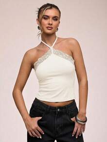 SHEIN BAE Women's Solid Color Contrast Lace Slim Fit Halter Neck Camisole - Apricot - View 3