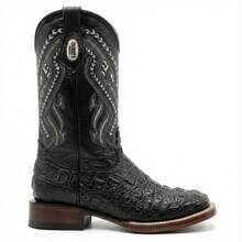 Botas Vaqueras Grabado Tipo Reptil en Piel Real | El Compadre | Horma Bulldog | Punta Cuadrada - Negro - Ver 4