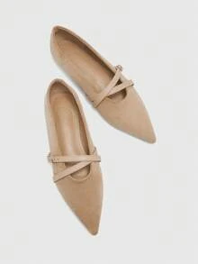 CUCCOO BIZCHIC 女士尖头平底杏色绒面革舒适软底套脚搭扣休闲通勤乐福鞋 - 杏色 - 查看 1