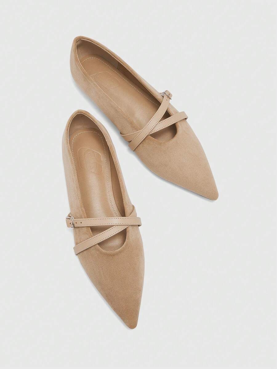 CUCCOO BIZCHIC 女士尖头平底杏色绒面革舒适软底套脚搭扣休闲通勤乐福鞋 - 杏色 - 查看 1