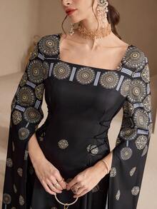 Al Najma Modest Women's Floral Pattern Square Neck Extra Long Sleeve Waist Tie Design Elegant Arabic Dress - Black - View 2