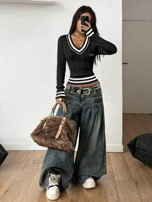 Coolane Áo len dài tay nữ phối màu tương phản, phong cách tối giản, thường ngày. - màu đen - Xem 4