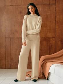 MOTF PREMIUM 2PCS WOMEN'S HIGH NECK FAUX PEARL DECOR SWEATER AND KNIT PANTS SET - Apricot - View 7