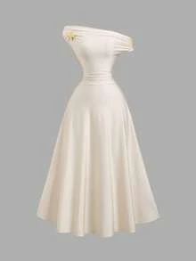 Sweetra 优雅的法式复古杏色可转换式吊带或挂脖连衣裙，饰有精致的金属扣，腰部褶皱设计，优美的A字廓形 - 杏色 - 查看 8