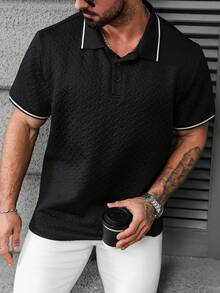 EGENSIO Black Textured Short Sleeve Casual Summer Versatile Polo Shirt - Black - View 6