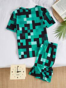 SHEIN GraphicGems Bộ quần áo bé trai in họa tiết kẻ caro kỹ thuật số, cổ tròn, tay ngắn, ôm sát, làm từ chất liệu co giãn thoải mái, thích hợp mặc thường ngày vào mùa xuân/hè. - màu xanh lá - Xem 2