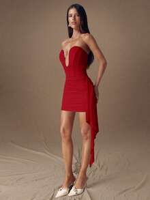 SHEIN BAE Vestido elegante de malla con escote en U, drapeado asimétrico y volantes, sin tirantes, en color albaricoque, adecuado para cóctel, cita romántica, fiesta, evento formal, dama de honor, vestido de noche, Halloween, Navidad