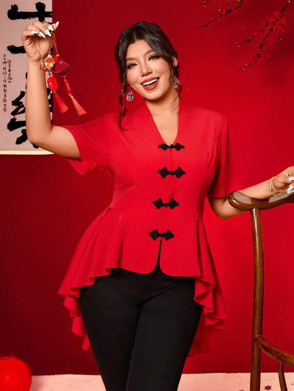 Cravure Plus Size Elegant New Chinese Style Button Asymmetric Hem Shirt