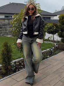 Jeta Ari 1 件女式休闲时尚毛绒边拉链夹克，秋季