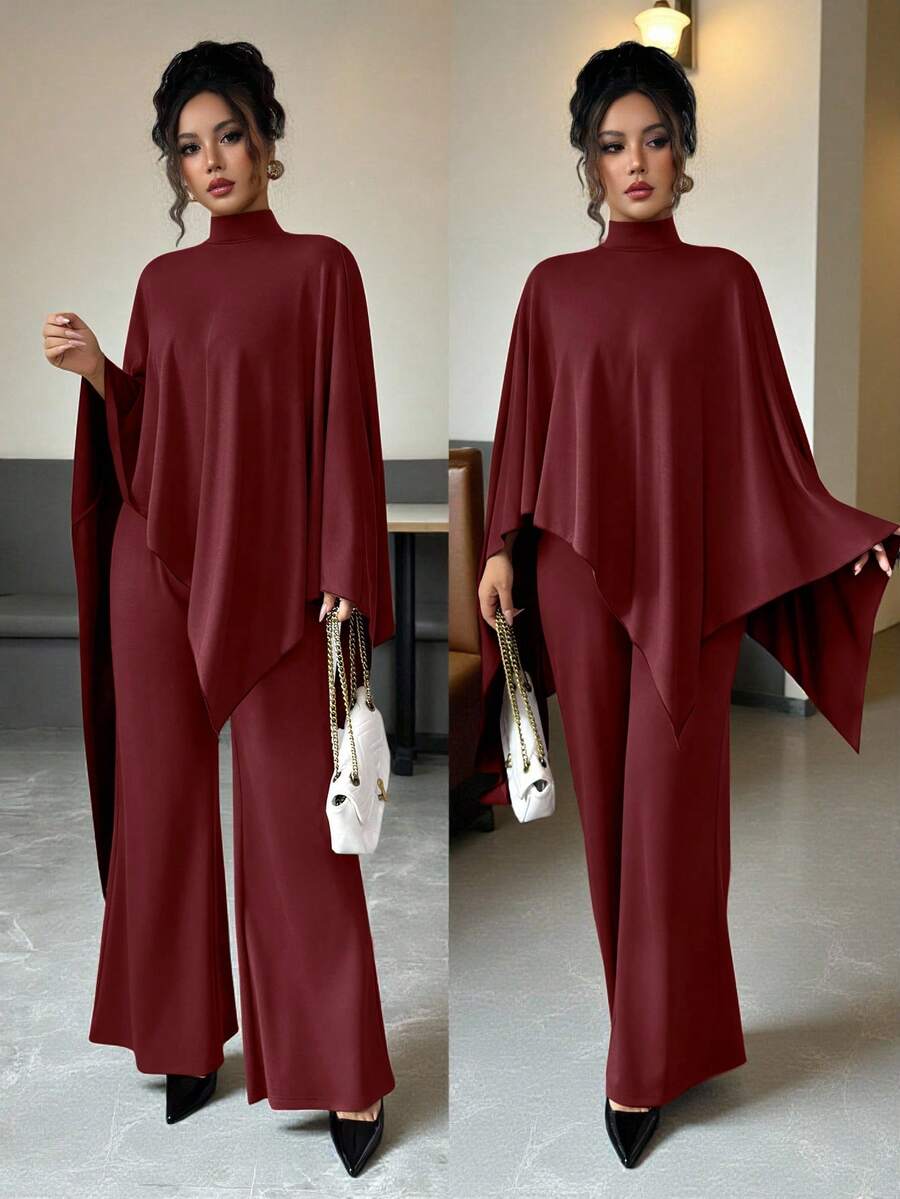 Elenzga Bộ đồ nữ phong cách Trung Đông thanh lịch, tối giản, dệt kim bất đối xứng gồm áo poncho và quần ống rộng cạp chun. - Đỏ - Xem 1