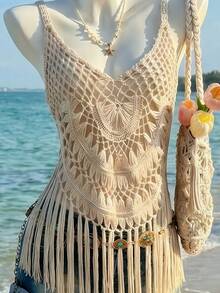 Selianne Casual Vacation Style Handmade Crochet Fringe Strap Knit Tank Top For Women, Spring/Summer - Apricot - View 5