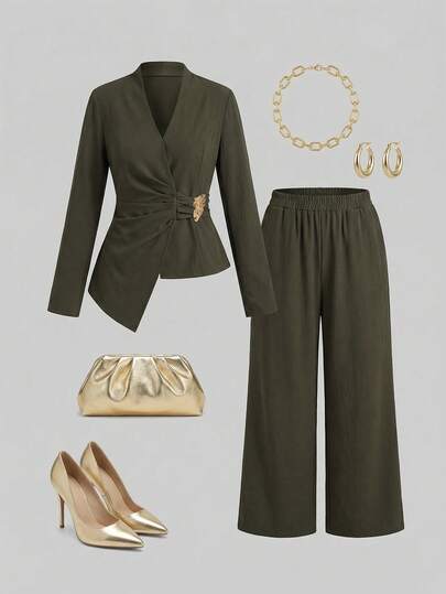 Modelyn بدلة سيدات قطعتين قميص وبنطلون بلون واحد، طراز مناسب للتنقل