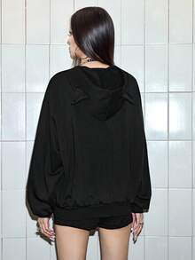 ROMWE Kawaii Cute Cat Print Cat Ear Women Hooded Sweatshirt - Black - View 3