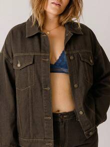 Aralina 大码休闲曲线经典纽扣牛仔夹克 - 巧克力棕 - 查看 10