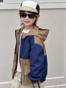 DAZY Young Boy Color Block Long Sleeve Loose Hooded Fashion Jacket Spring - Navy Blue - View 4