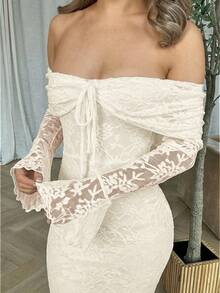 女士露肩长袖前系带修身连衣裙，新年连衣裙，新年派对连衣裙，情人节连衣裙 - 米色 - 查看 3