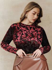 Anewsta Plus Size Women Flocked Turtleneck Undershirt, Semi-Sheer Long Sleeve Base Layer Top, Suitable For Christmas And New Year - Red and Black - View 2