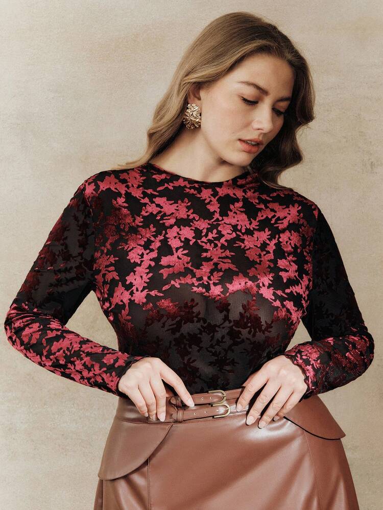 Plus Size Women Flocked Turtleneck Undershirt, Semi-Sheer Long Sleeve Base Layer Top, Suitable For Christmas And New Year