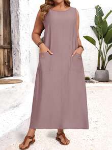 EMERY ROSE Plus Size Women's Solid Color Round Neck Sleeveless Casual Dress With Pockets/Summer/Spring/Vacation - Pink - View 6