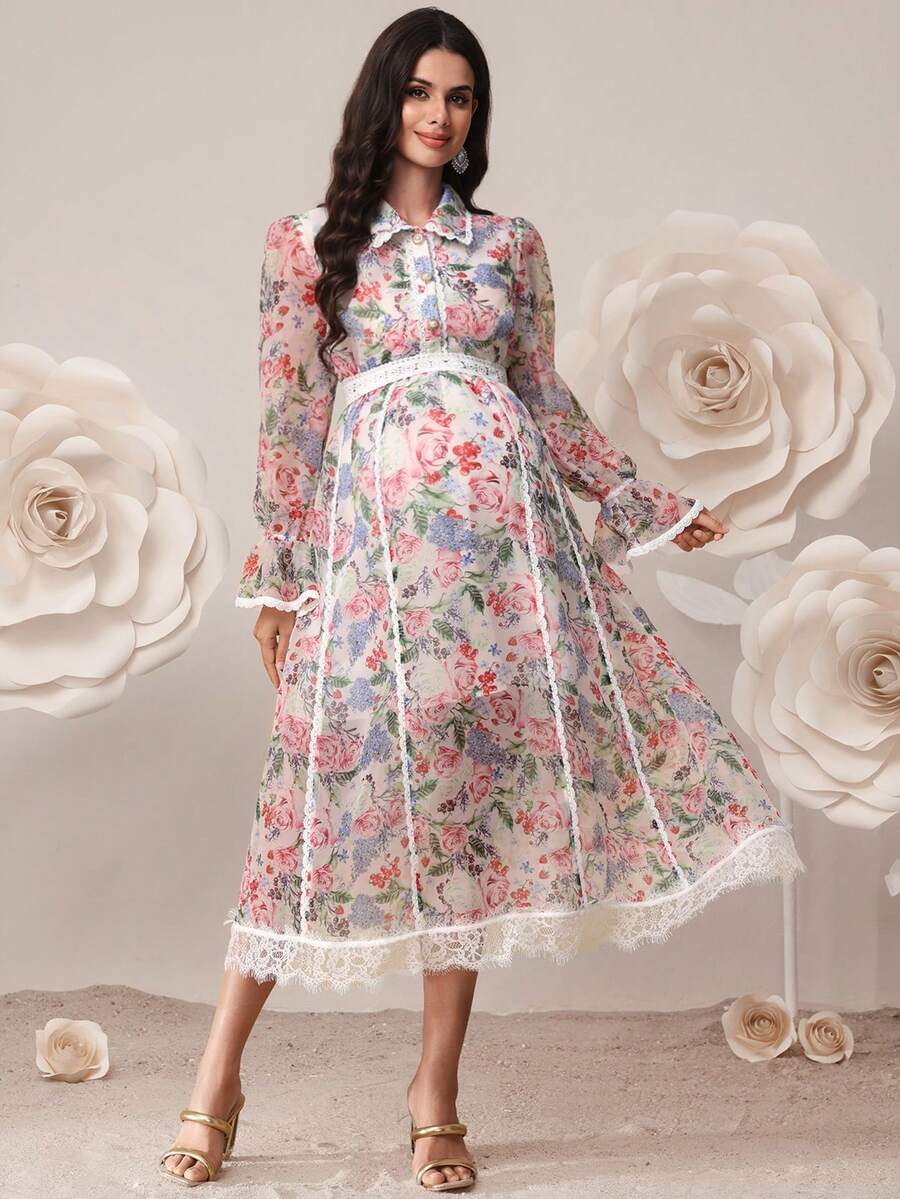 SHEIN Maternity Floral All-Over Print Casual Flare Sleeve Dress - Multicolor - View 1