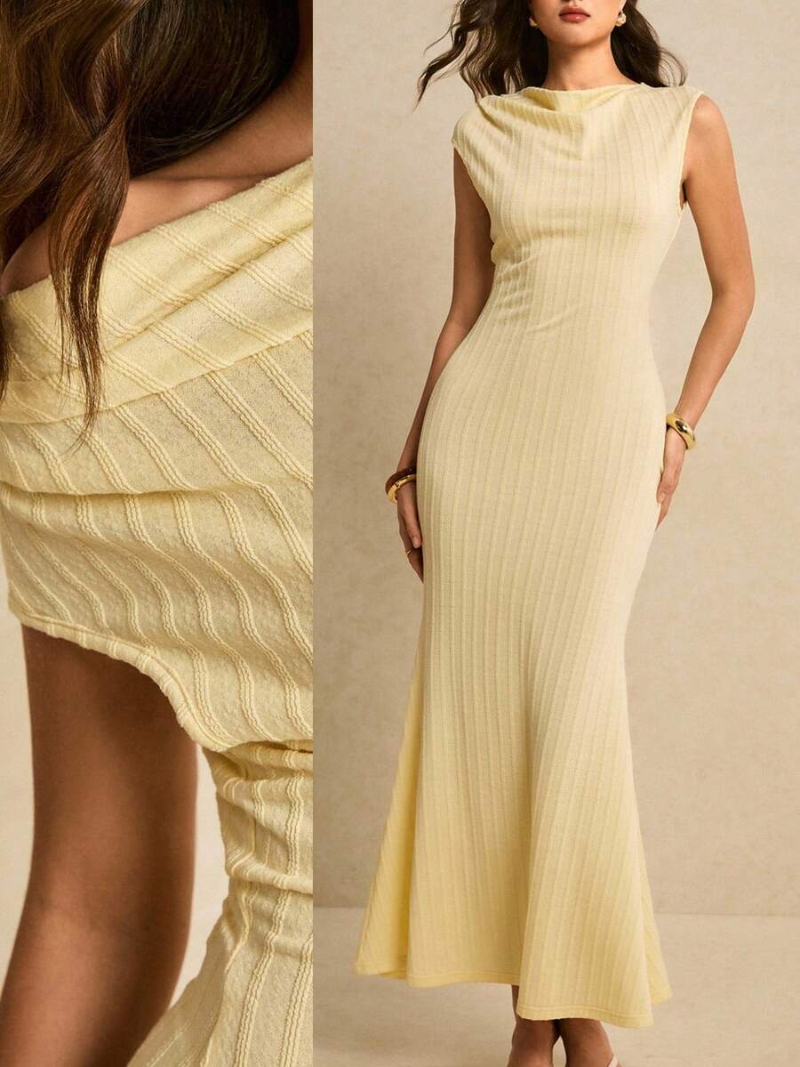 Poéselle 女士纯色褶皱不对称领口优雅连衣裙 - 淡黃色 - 查看 1