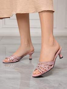 Sleekvia Women's Rhinestone Embellished Elegant Versatile High Heel Slide Sandals - Pink - View 3