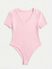 SHEIN EZwear 加大码粉色V领短袖罗纹休闲连体衣 - 粉色 - 查看 5