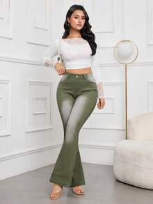 SHEIN Essnce Celana Jeans Slim Fit Modis Bergaya Retro dengan Pinggang Tinggi dan Potongan Mengembang - Hijau Tentara - View 6