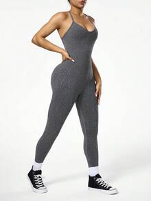 Seamluxe SHEIN Sport Quần liền thân không đường may, màu xám gân, kiểu dáng ôm sát, thích hợp cho nữ, chạy bộ và tập yoga. - Màu xám đen - Xem 5