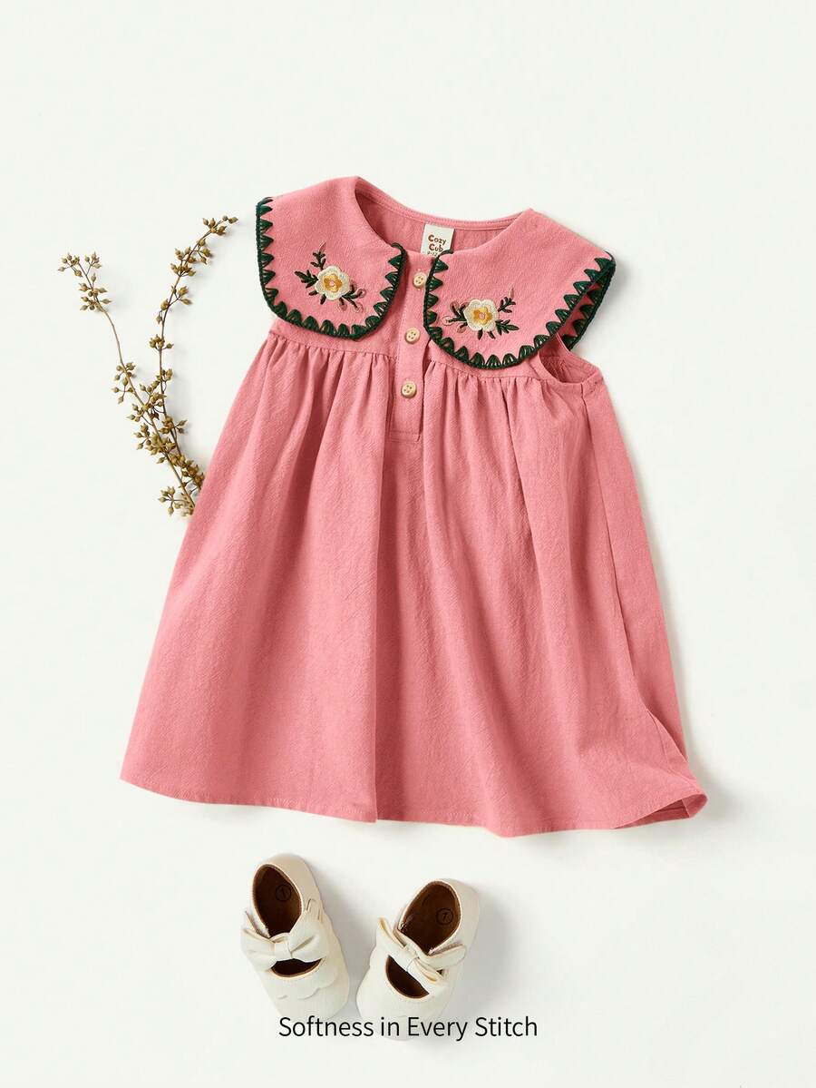 Cozy Pixies 女婴花卉刺绣图案藏青色翻领无袖半开襟连衣裙 - 粉色 - 查看 1