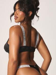 Missguided x Playboy Diamante Strap Satin Plunge Bra And Thong Panty Set With Rhinestone Straps Lingerie Collection For Valentine's Day