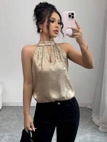 SHEIN PETITE Women's Elegant Sleeveless High Collar Gold Blouse, Suitable For Spring/Summer Outings - Gold - View 1